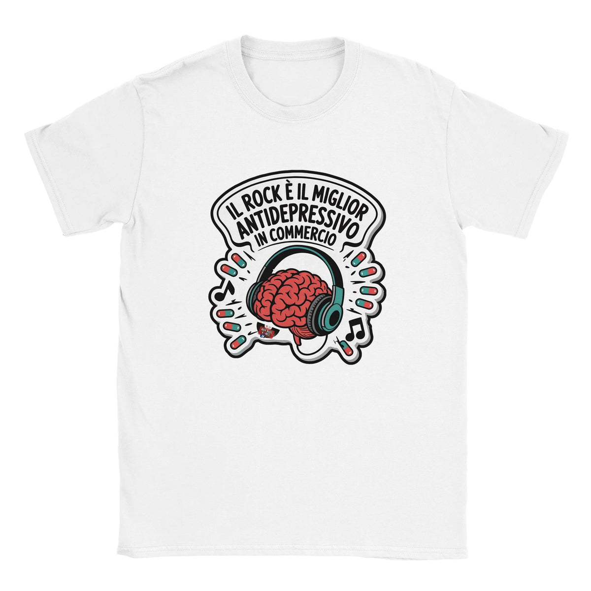 T-shirt con lo slogan «Il rock è il miglior antidepressivo in commercio»