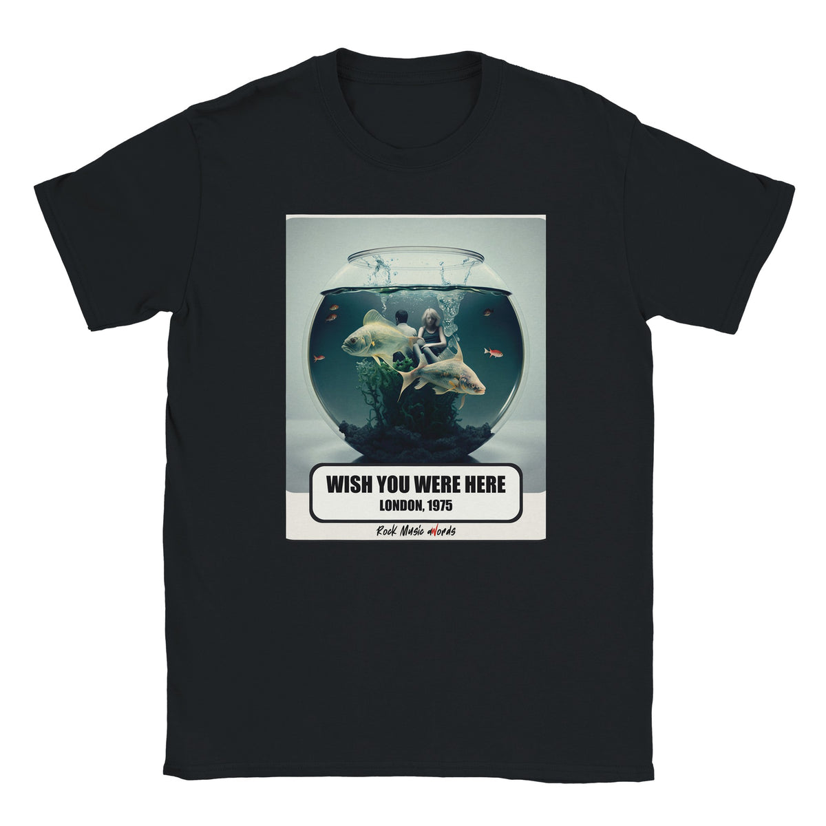 T-shirt nera con la stampa Rock Art «Wish You Were Here – London, 1975»