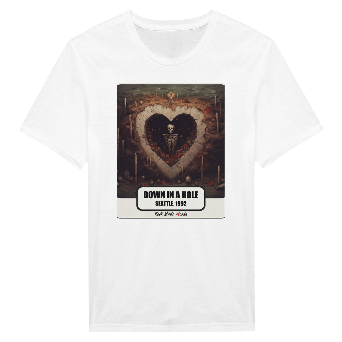 La t-shirt bianca vista da vicino: stampa Rock Art «Down in a Hole – Seattle, 1992»