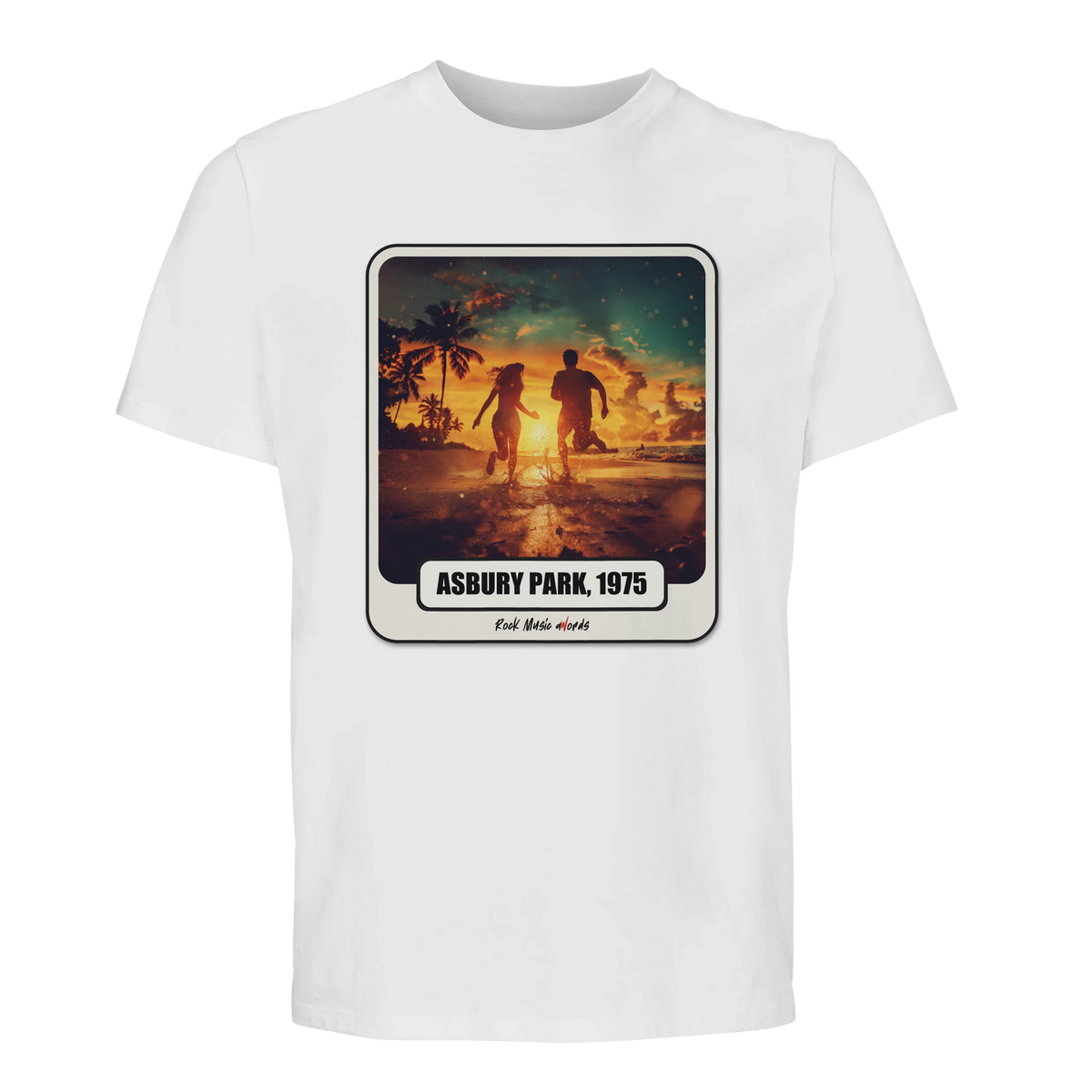 T-shirt premium Rock Art «Born to Run» (Asbury Park, 1975), colore Bianco