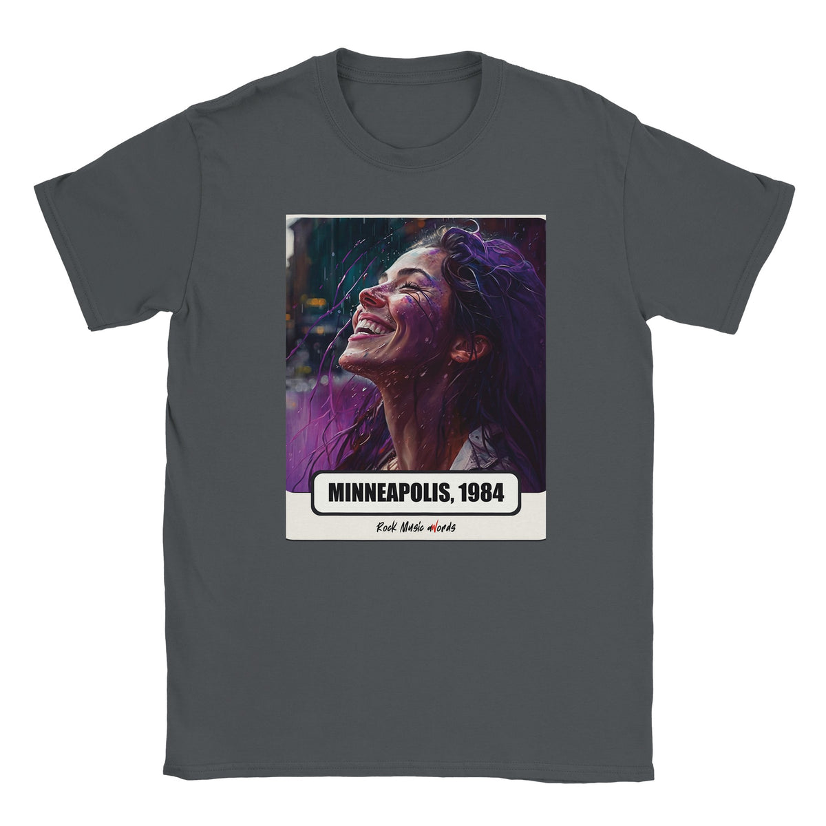 T-shirt grigio antracite con la stampa Rock Art «Purple Rain – Minneapolis, 1984»