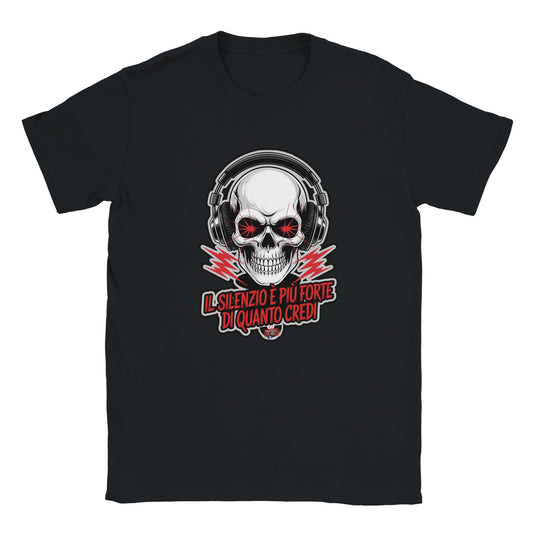 T-shirt nera con la scritta «Il silenzio è più forte di quanto credi»