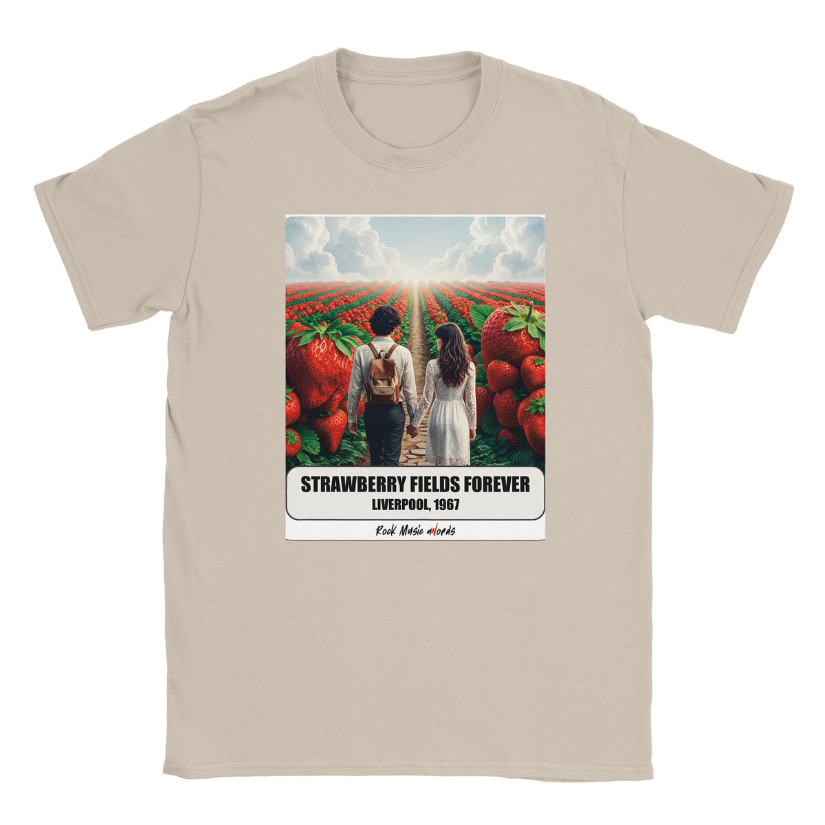 T-shirt color sabbia con la stampa Rock Art «Strawberry Fields Forever – Liverpool, 1967»