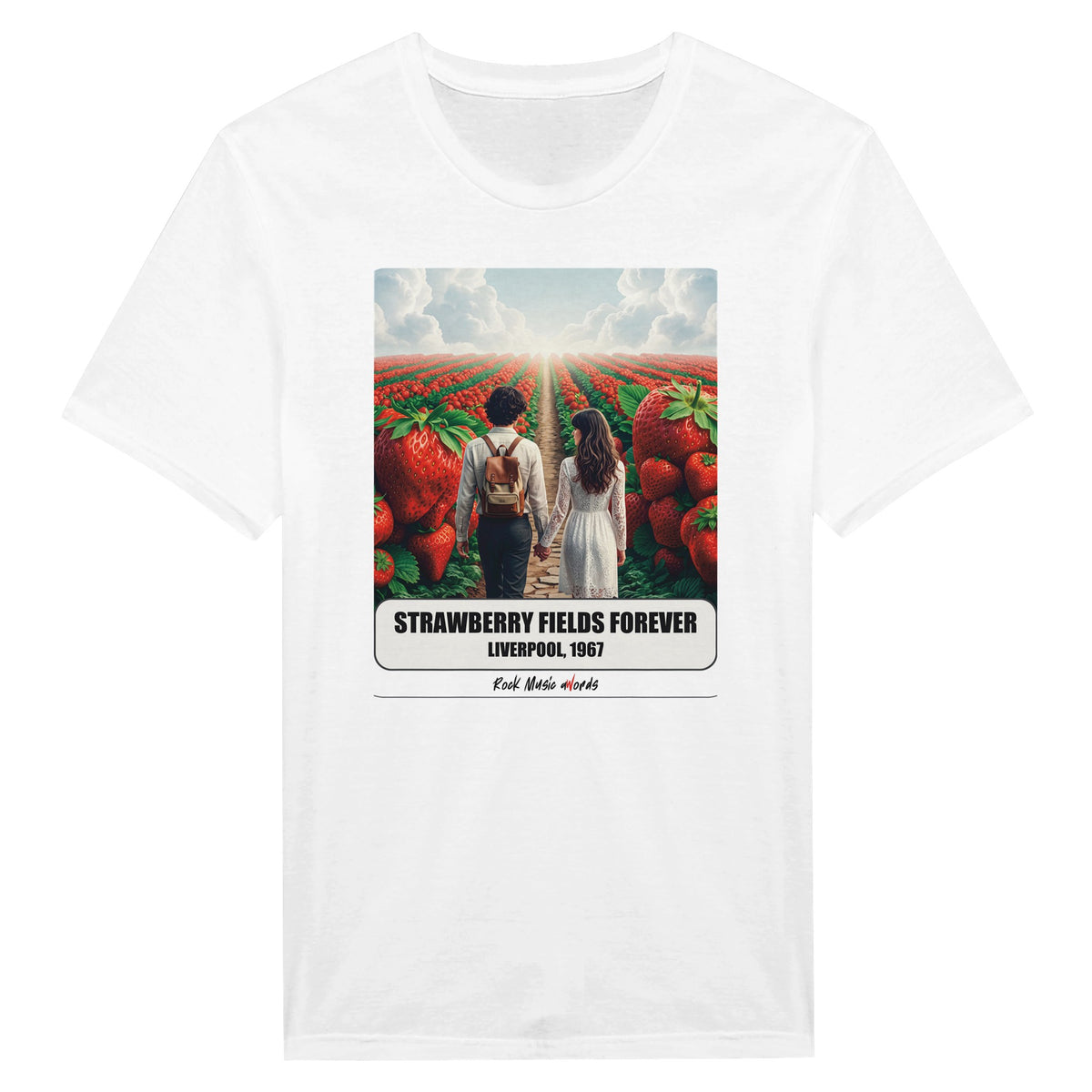 La t-shirt bianca vista da vicino: stampa Rock Art «Strawberry Fields Forever – Liverpool, 1967»