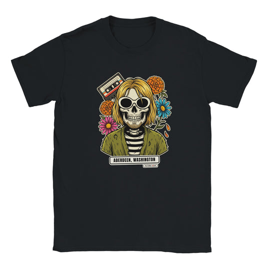 T-shirt nera con teschio grunge «Aberdeen, Washington» — Calaveras del Rock, Rock Music aWords