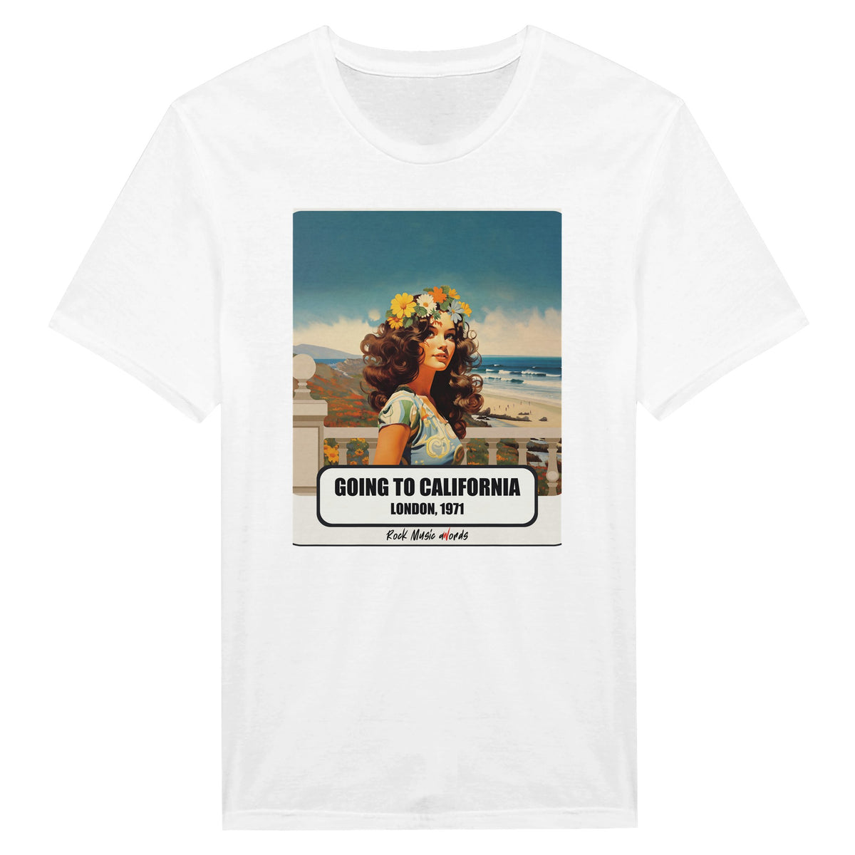 La t-shirt bianca vista da vicino: stampa Rock Art «Going to California – London, 1971»
