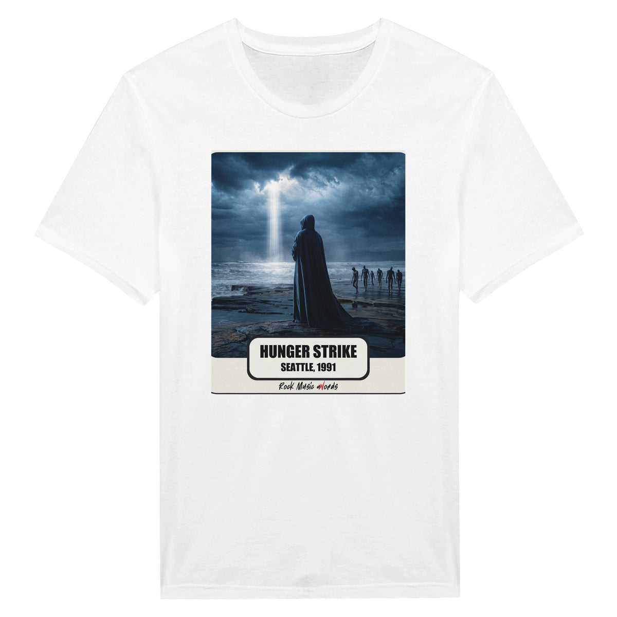 La t-shirt bianca vista da vicino: stampa Rock Art «Hunger Strike – Seattle, 1991»