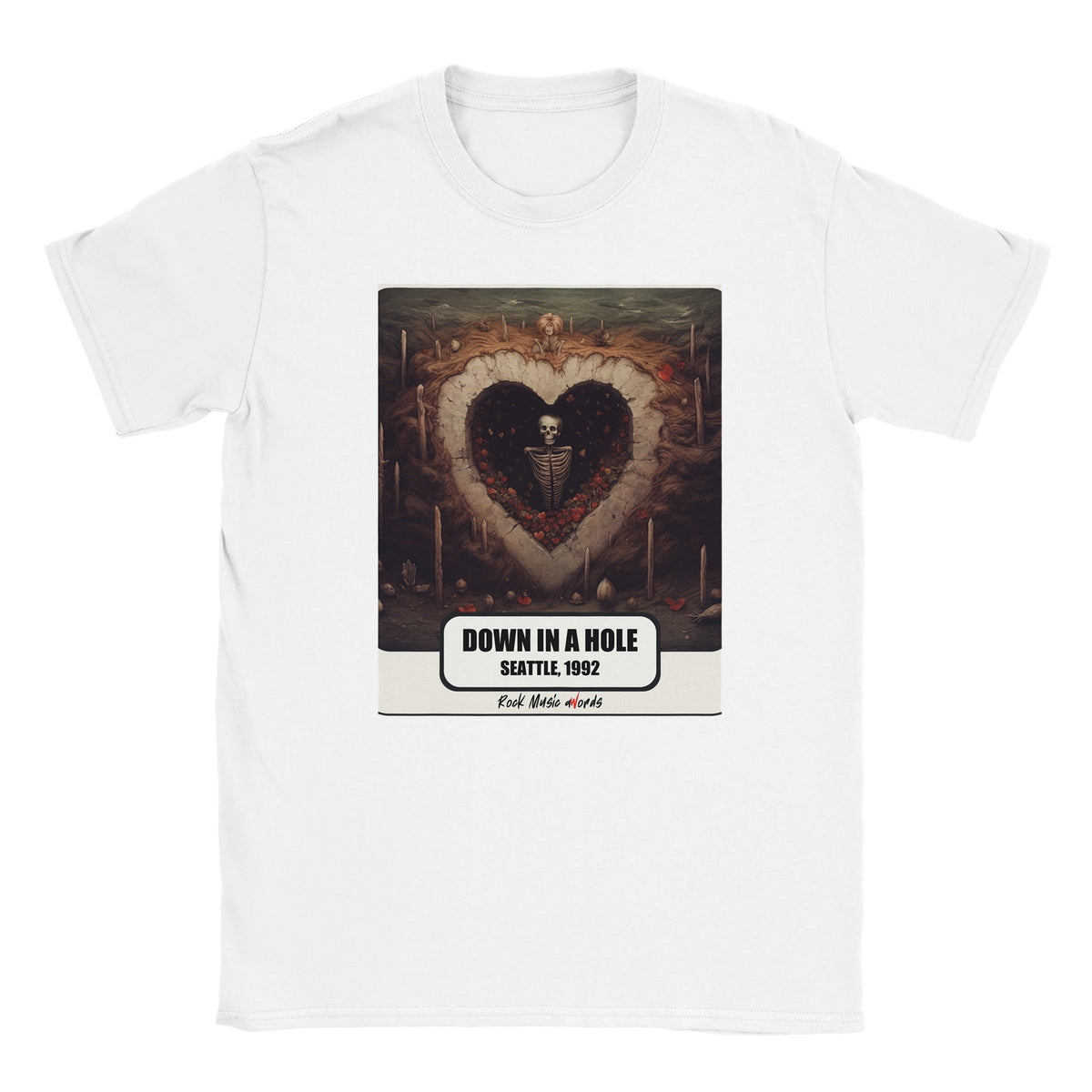 T-shirt bianca con la stampa Rock Art «Down in a Hole – Seattle, 1992»