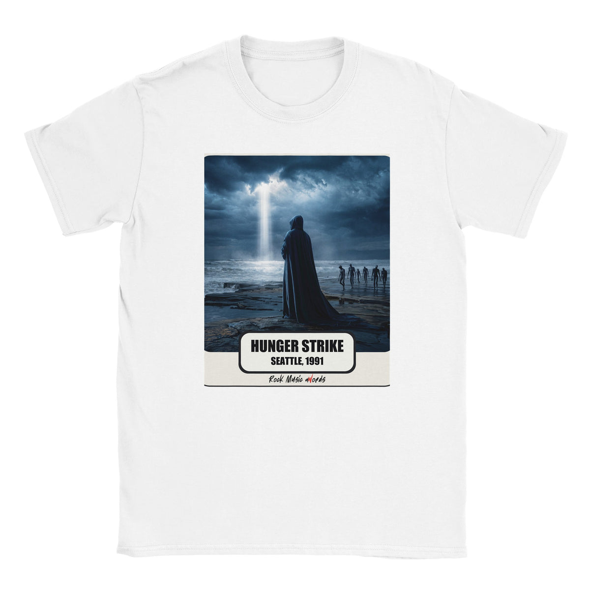 T-shirt bianca con la stampa Rock Art «Hunger Strike – Seattle, 1991»