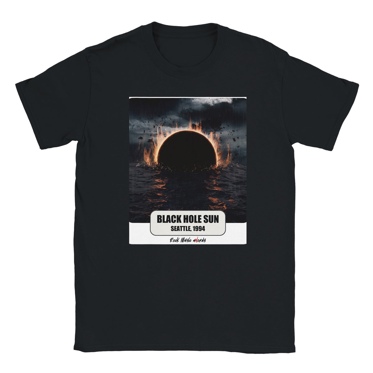 T-shirt nera con la stampa Rock Art «Black Hole Sun – Seattle, 1994»