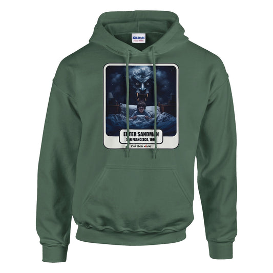 Felpa con cappuccio verde militare con la stampa Rock Art «Enter Sandman»