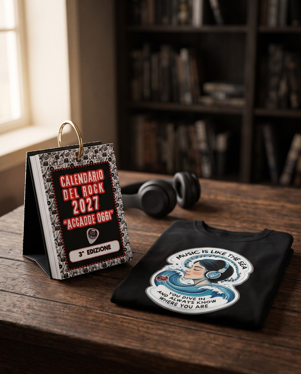 Il kit: Calendario del Rock 2027 da scrivania e T-shirt nera Music is Like the Sea piegata