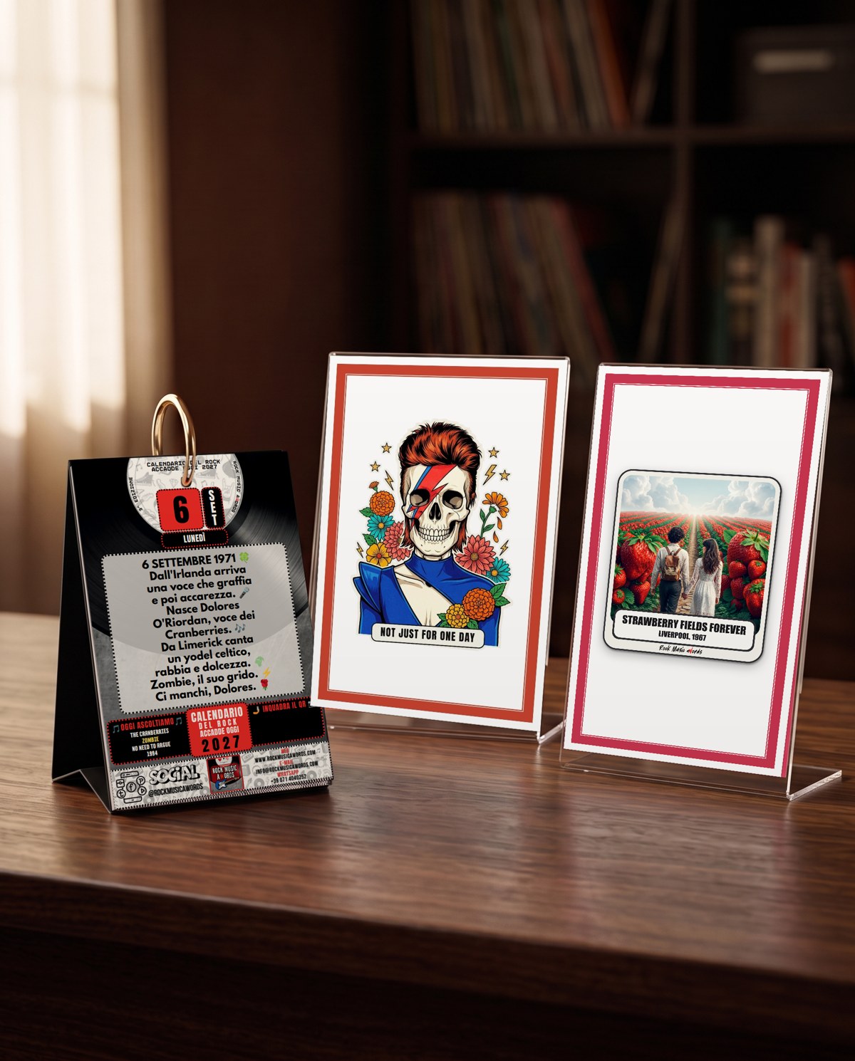 Kit Calendario del Rock 2027: calendario da scrivania, portafoto trasparente e card a scelta (Calavera Not Just For One Day o Rock Art Strawberry Fields Forever)