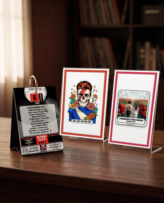 Kit Calendario del Rock 2027: calendario da scrivania, portafoto trasparente e card a scelta (Calavera Not Just For One Day o Rock Art Strawberry Fields Forever)