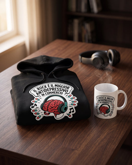 Il kit: felpa con cappuccio nera e tazza con lo slogan Il rock è il miglior antidepressivo in commercio