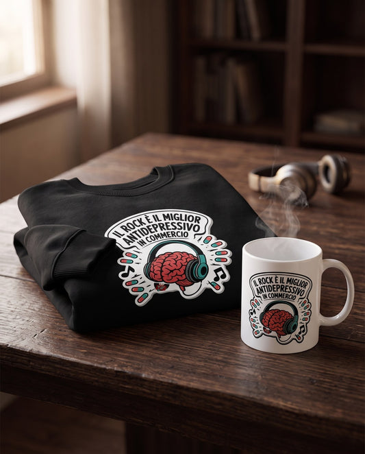 Il kit: felpa girocollo nera e tazza con lo slogan Il rock è il miglior antidepressivo in commercio