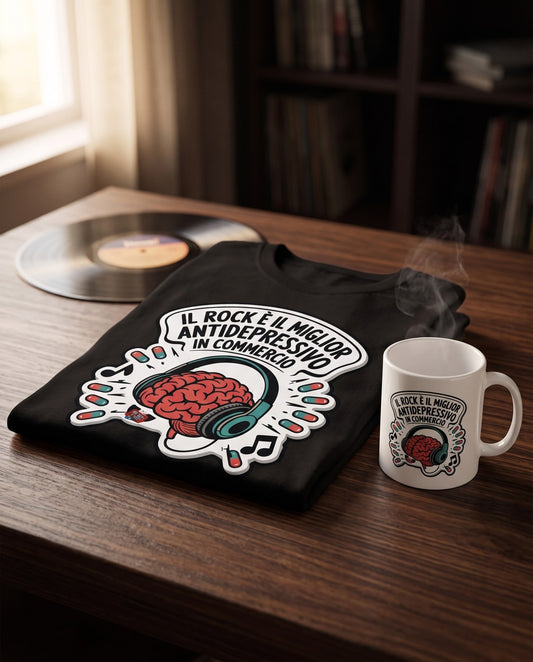 Il kit: T-shirt Premium nera e tazza con lo slogan Il rock è il miglior antidepressivo in commercio