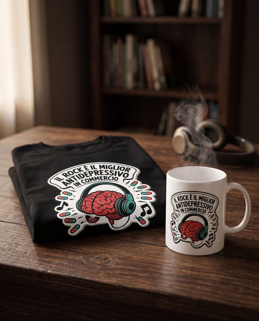 Il kit: T-shirt nera e tazza con lo slogan Il rock è il miglior antidepressivo in commercio