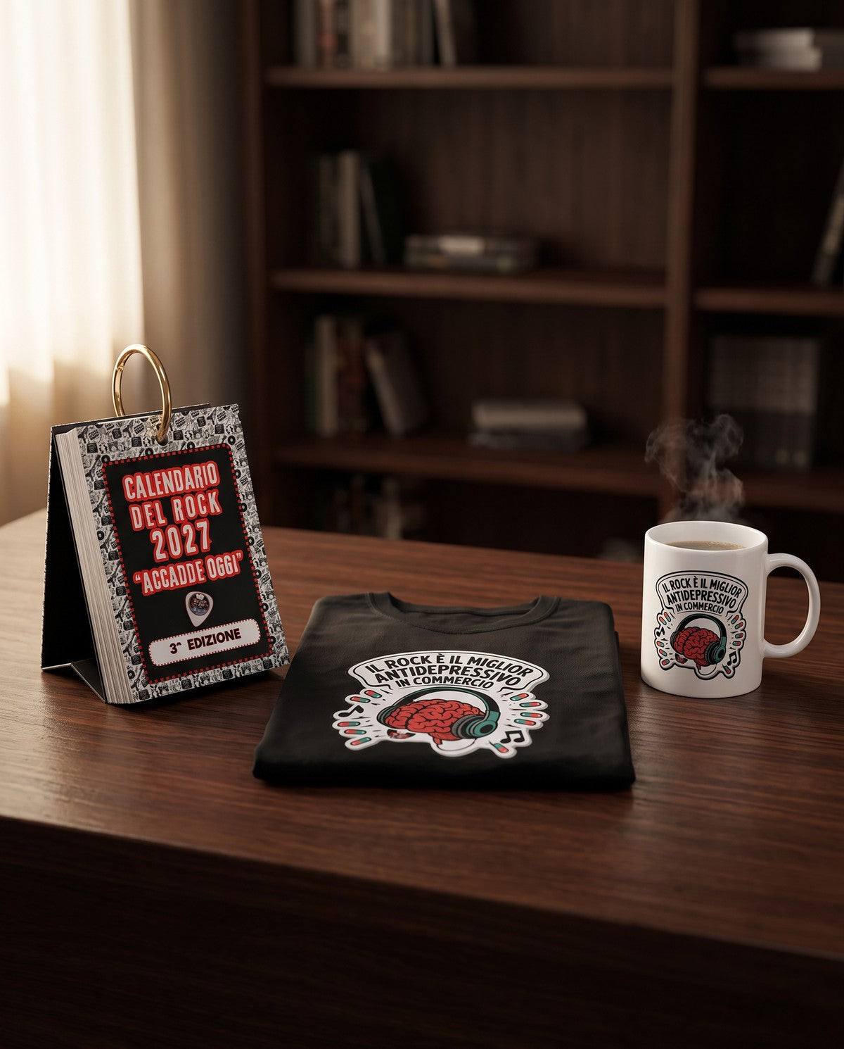 Il kit: calendario da scrivania, T-shirt nera e tazza con lo slogan Il rock è il miglior antidepressivo in commercio