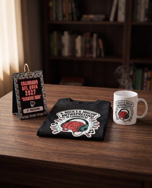 Il kit: calendario da scrivania, T-shirt nera e tazza con lo slogan Il rock è il miglior antidepressivo in commercio