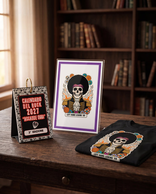 Il kit: calendario da scrivania, portafoto con la Calavera Left Hand Legend e la T-shirt nera con la stessa calavera