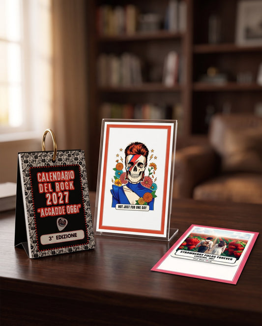 Il kit: calendario da scrivania, portafoto trasparente con una Calavera e una seconda card Rock Art