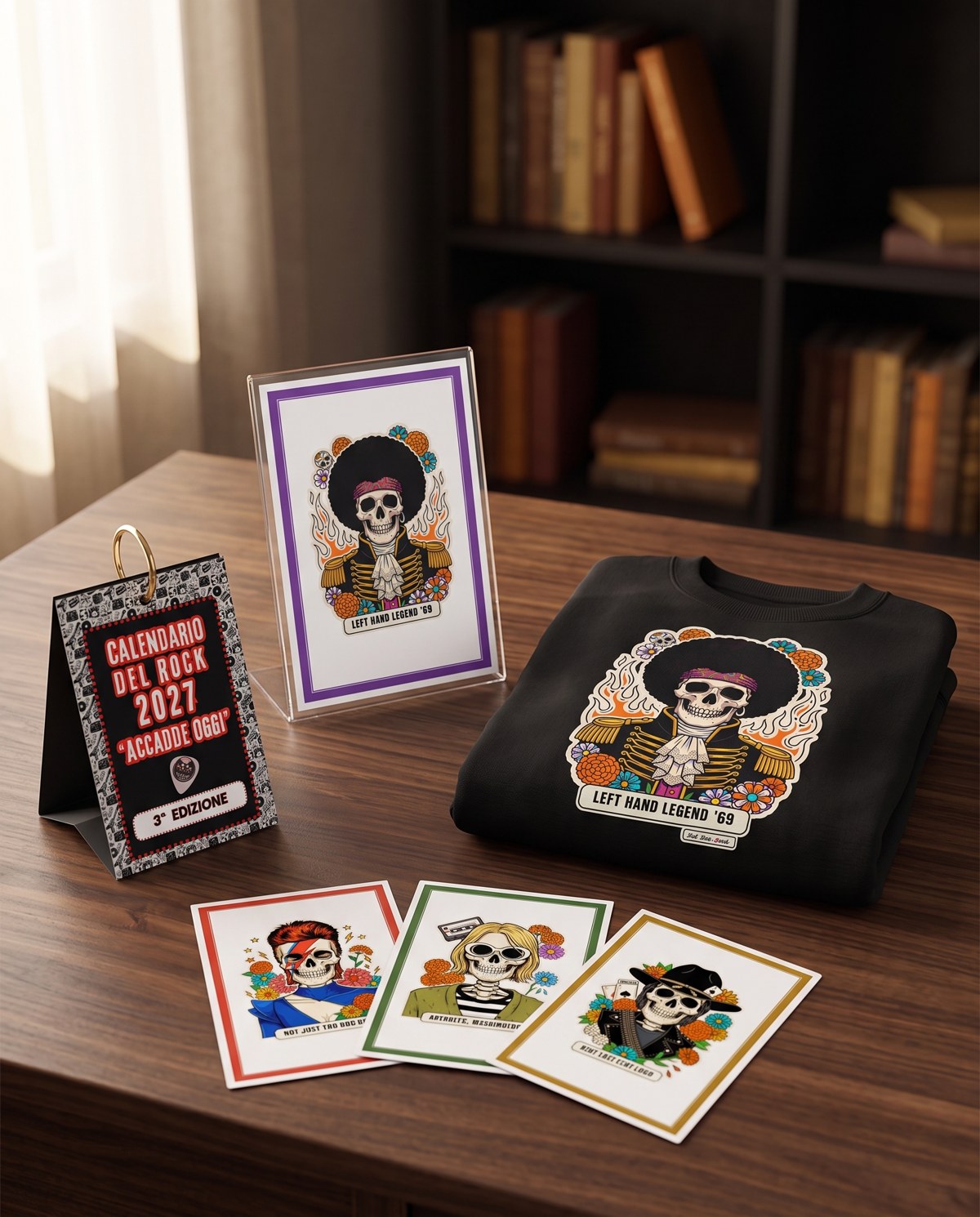 Il kit: calendario, portafoto, quattro card Calaveras e felpa biologica nera con la calavera