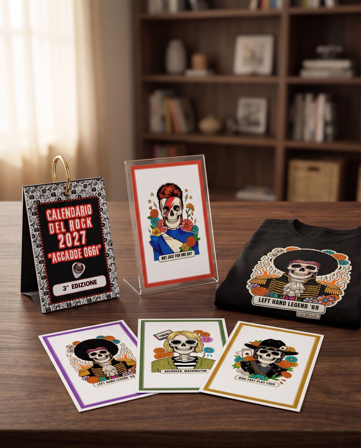 Il kit: calendario, portafoto, quattro card Calaveras e T-shirt Premium nera con la calavera