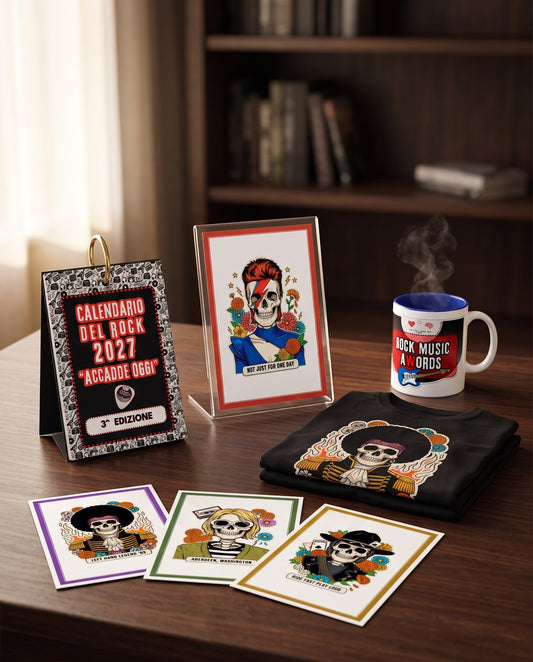Il kit: calendario, portafoto, quattro card Calaveras, T-shirt Premium nera e tazza col logo Rock Music aWords