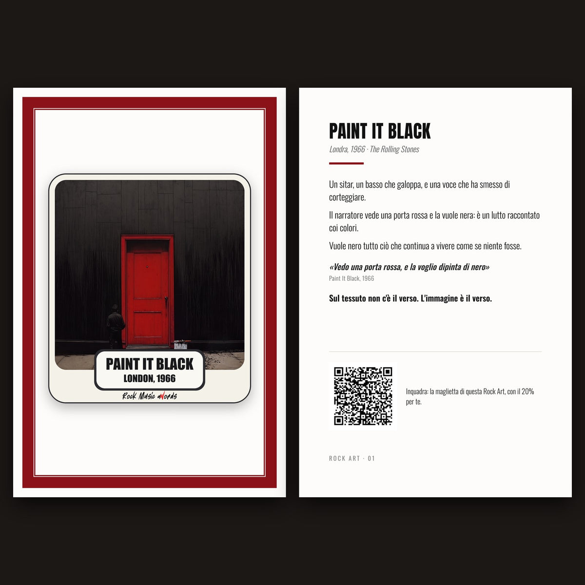 Cartolina Rock Art 01 «Paint It Black» nel kit: fronte con l'immagine e retro con la storia della canzone