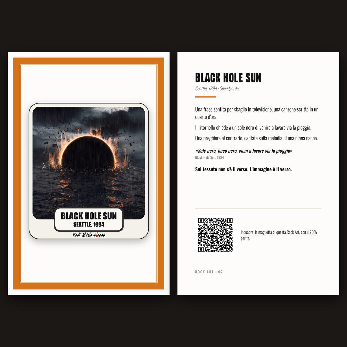 Cartolina Rock Art 02 «Black Hole Sun» nel kit: fronte con l'immagine e retro con la storia della canzone