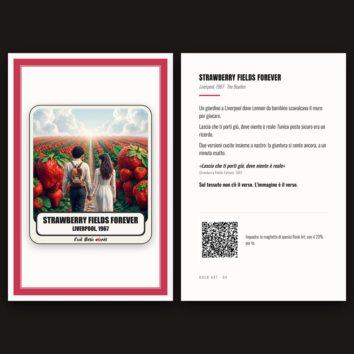 Cartolina Rock Art 04 «Strawberry Fields Forever» nel kit: fronte con l'immagine e retro con la storia della canzone