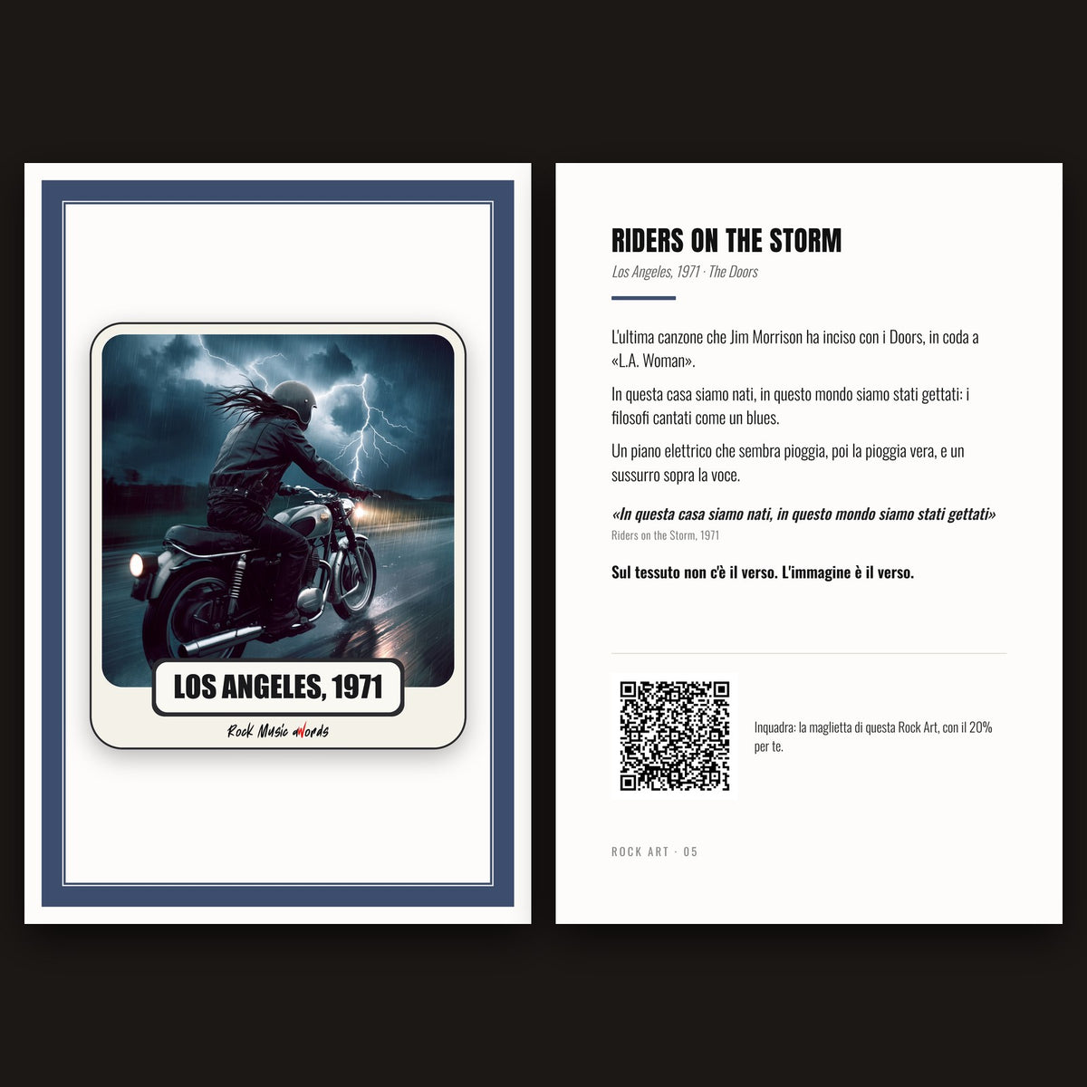 Cartolina Rock Art 05 «Riders on the Storm» nel kit: fronte con l'immagine e retro con la storia della canzone