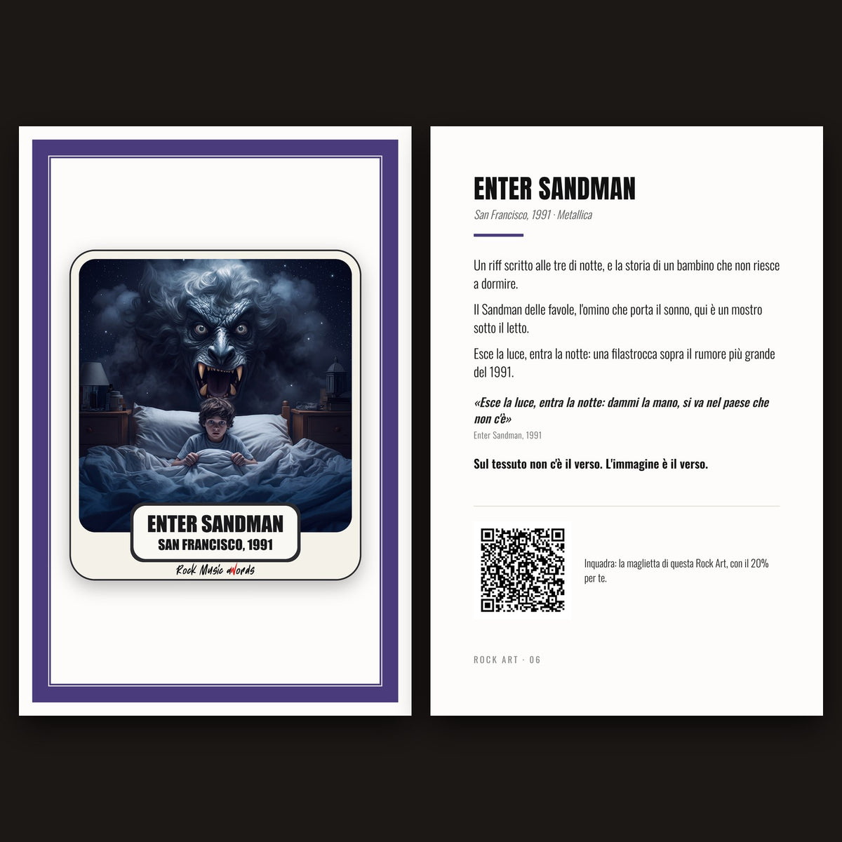 Cartolina Rock Art 06 «Enter Sandman» nel kit: fronte con l'immagine e retro con la storia della canzone