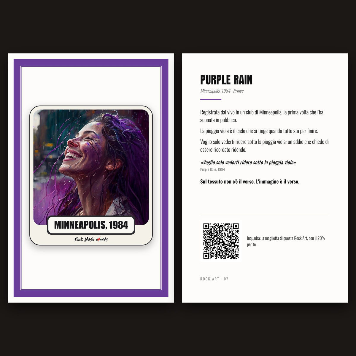 Cartolina Rock Art 07 «Purple Rain» nel kit: fronte con l'immagine e retro con la storia della canzone