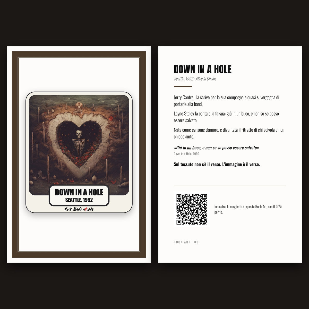 Cartolina Rock Art 08 «Down in a Hole» nel kit: fronte con l'immagine e retro con la storia della canzone