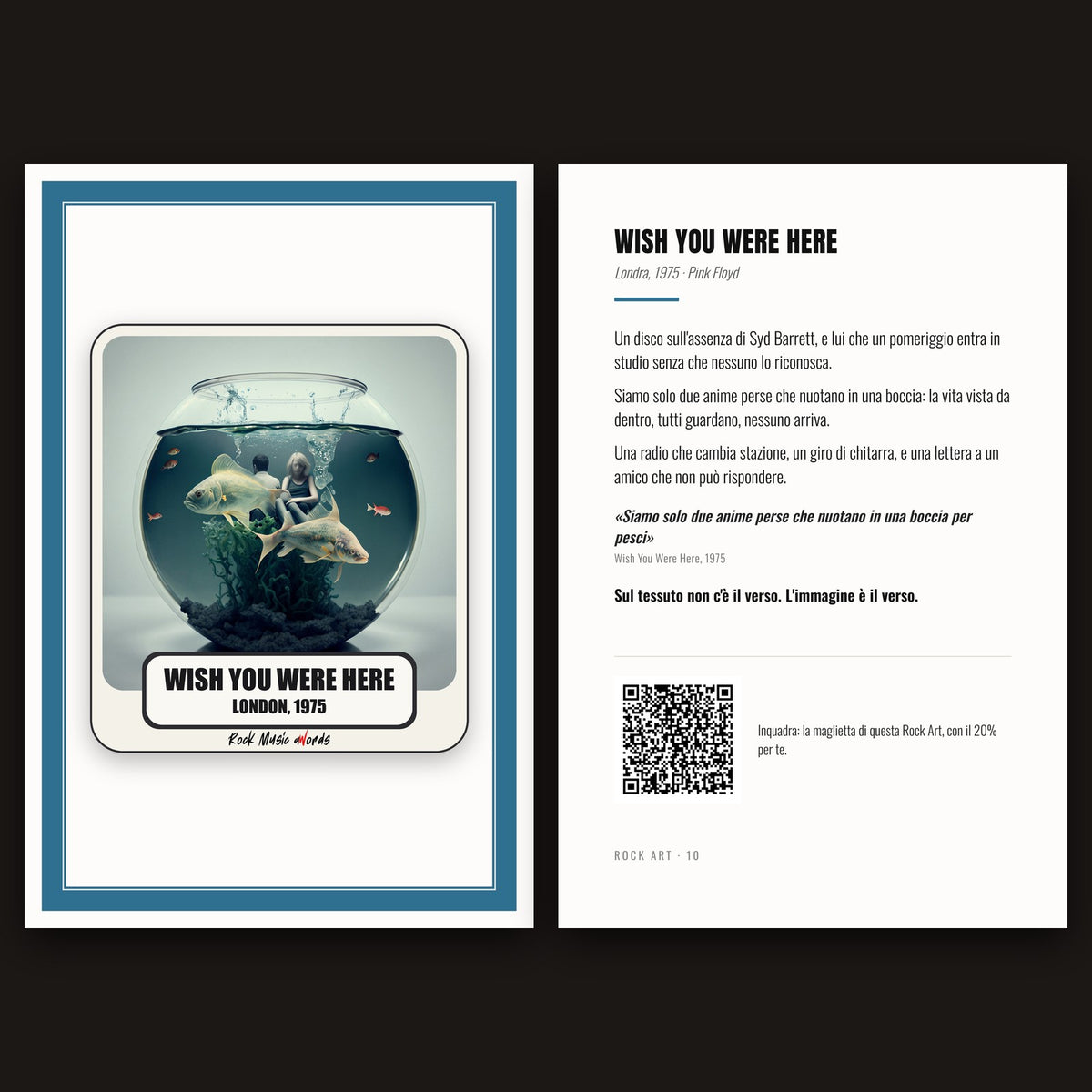 Cartolina Rock Art 10 «Wish You Were Here» nel kit: fronte con l'immagine e retro con la storia della canzone