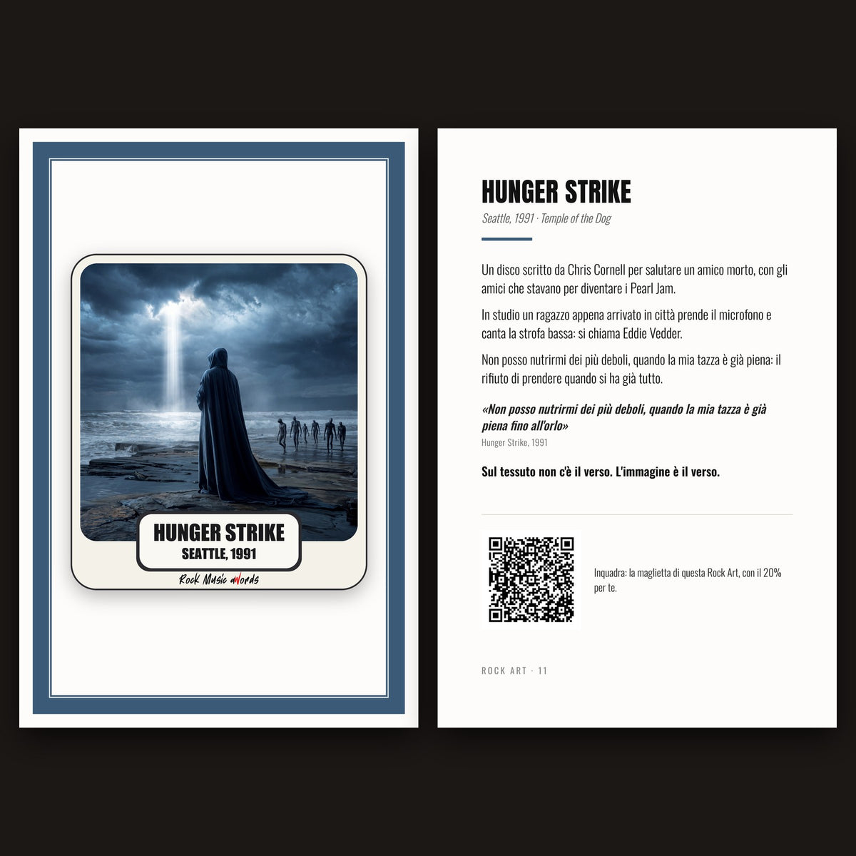 Cartolina Rock Art 11 «Hunger Strike» nel kit: fronte con l'immagine e retro con la storia della canzone