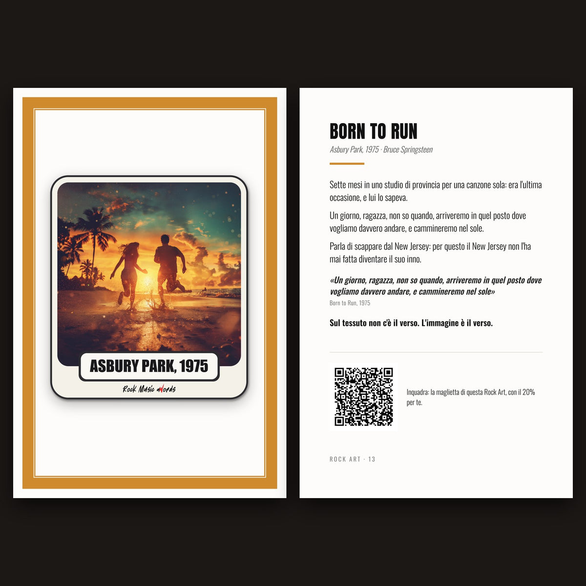 Cartolina Rock Art 13 «Born to Run» nel kit: fronte con l'immagine e retro con la storia della canzone