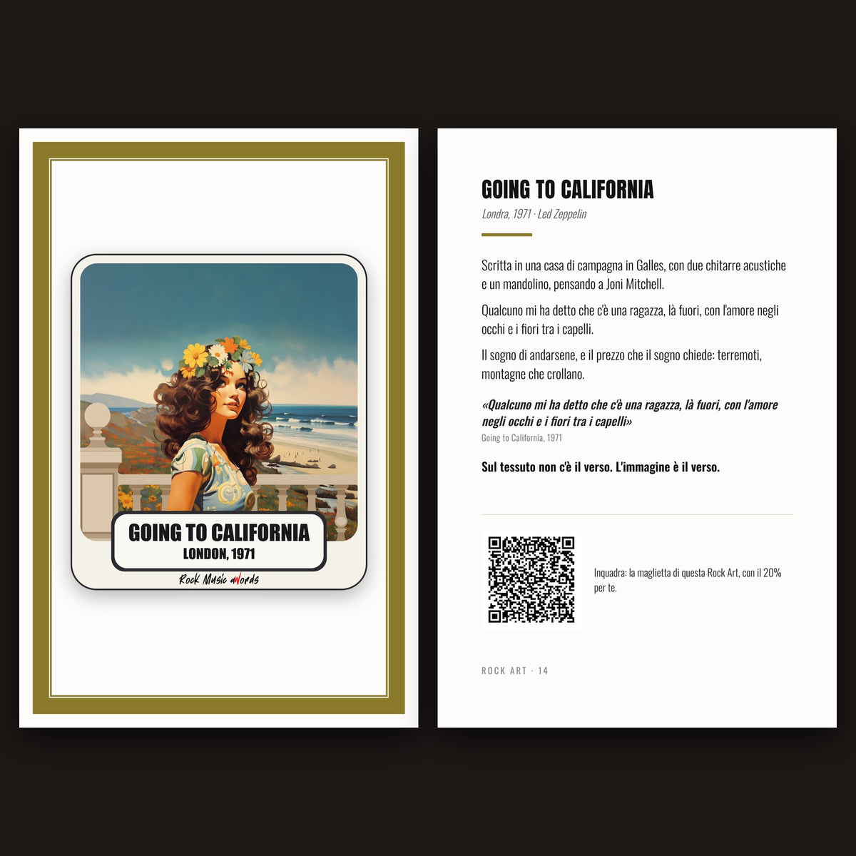 Cartolina Rock Art 14 «Going to California» nel kit: fronte con l'immagine e retro con la storia della canzone