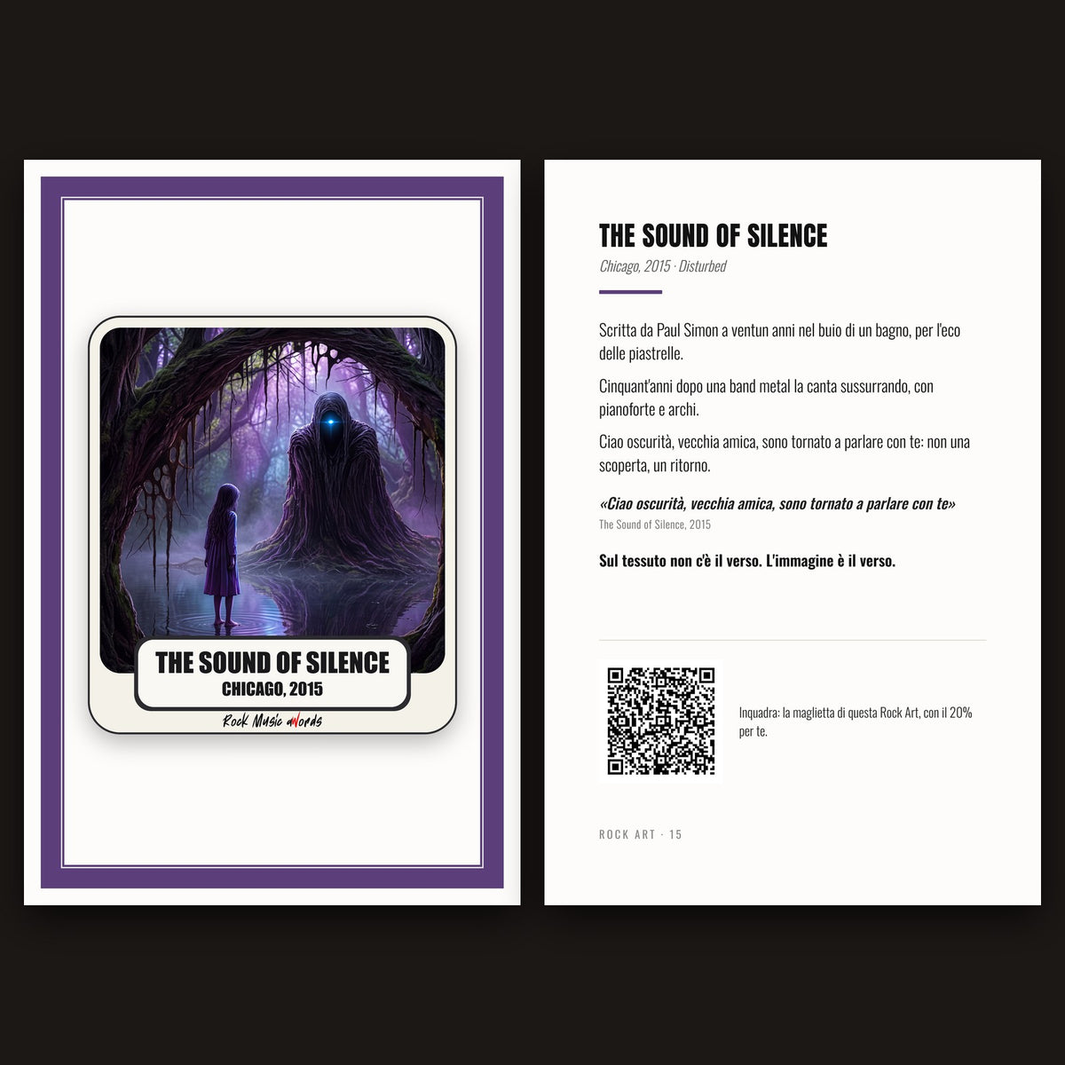 Cartolina Rock Art 15 «The Sound of Silence» nel kit: fronte con l'immagine e retro con la storia della canzone
