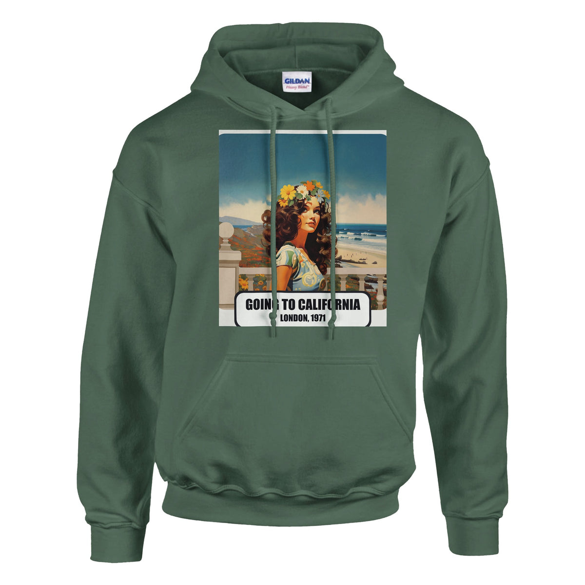 Felpa con Cappuccio verde militare con la stampa Rock Art «Going to California»