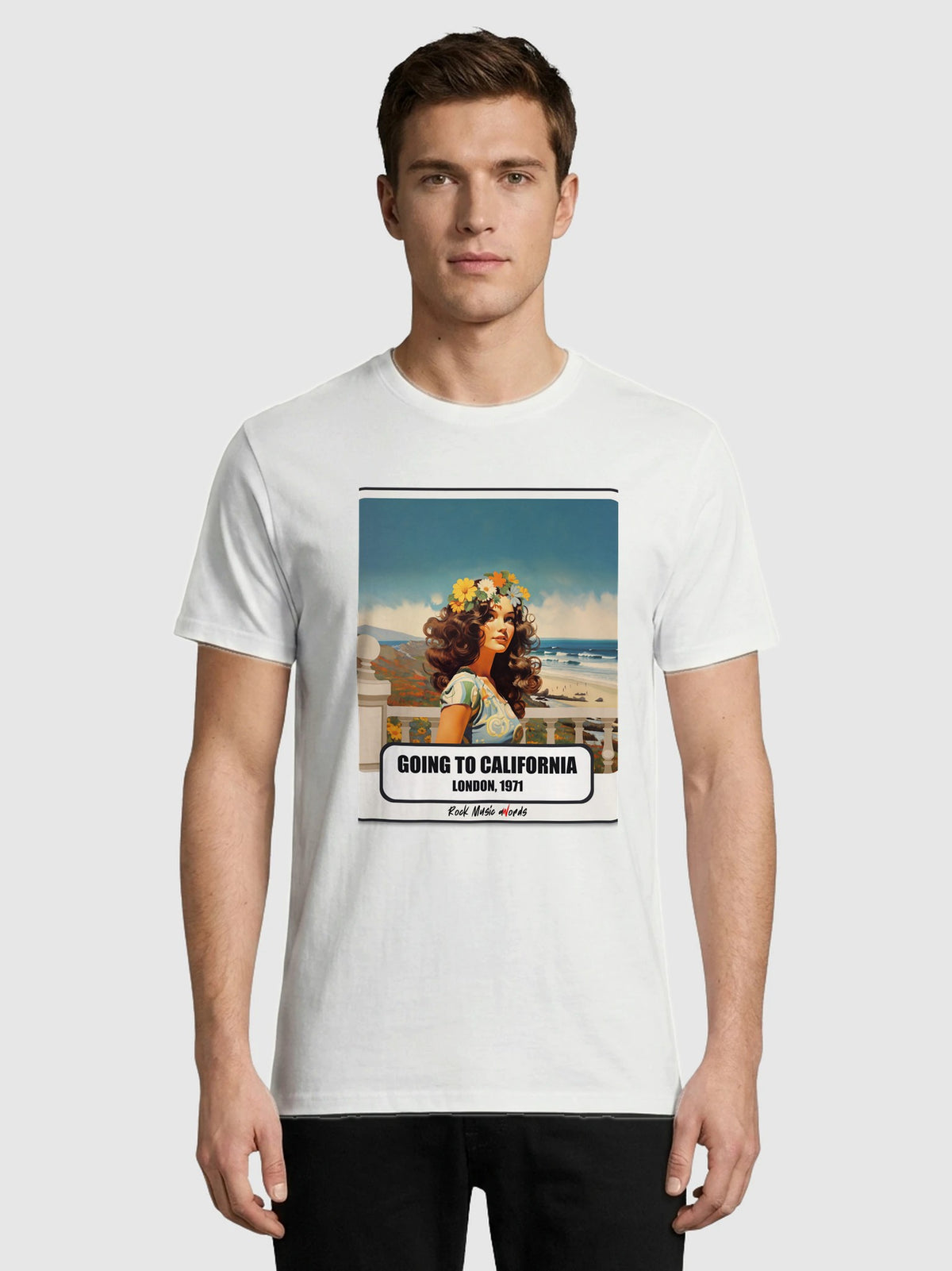 T-Shirt Premium con la stampa Rock Art «Going to California»: foto d'ambiente