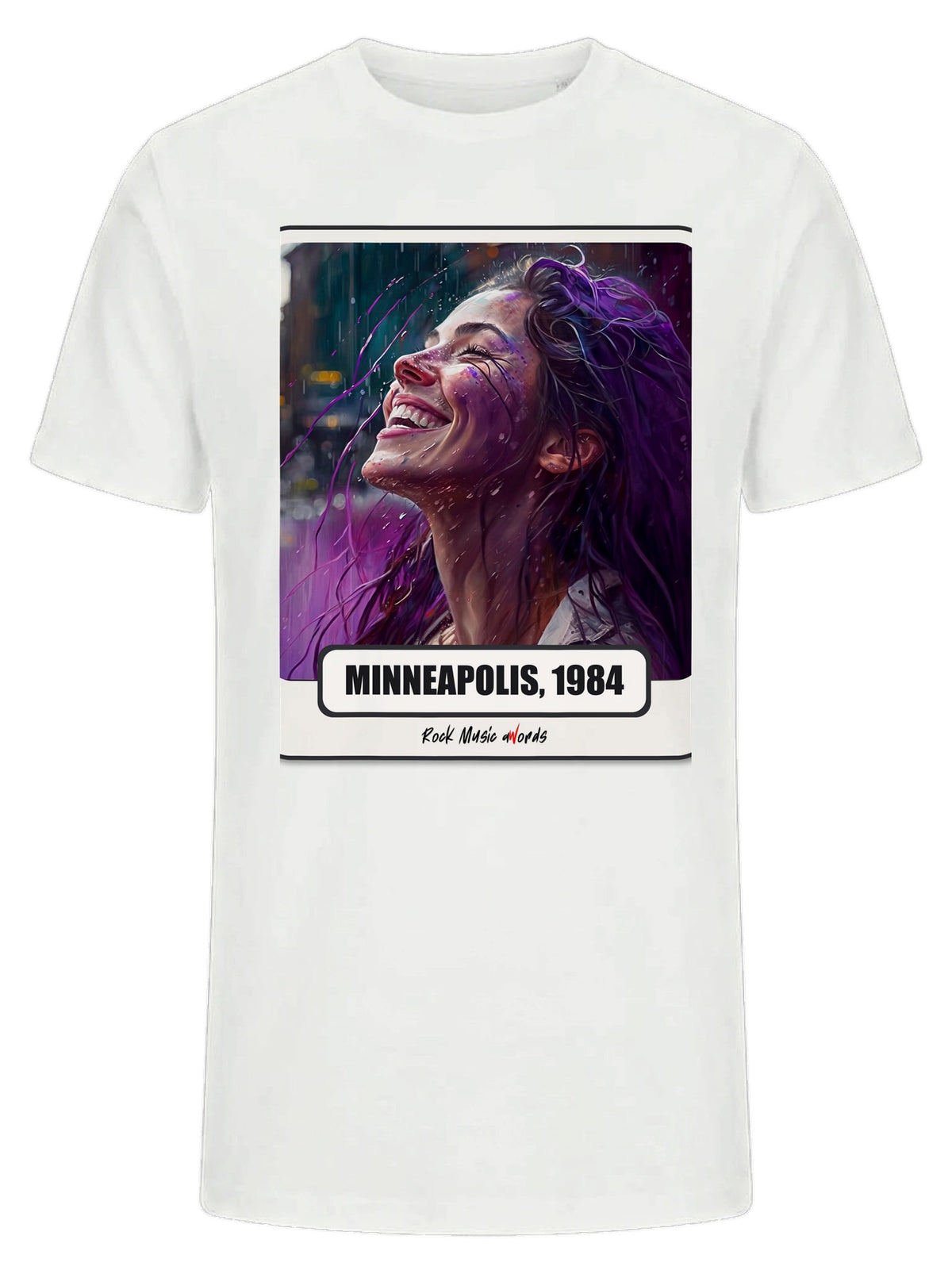 T-Shirt Premium bianco con la stampa Rock Art «Purple Rain»