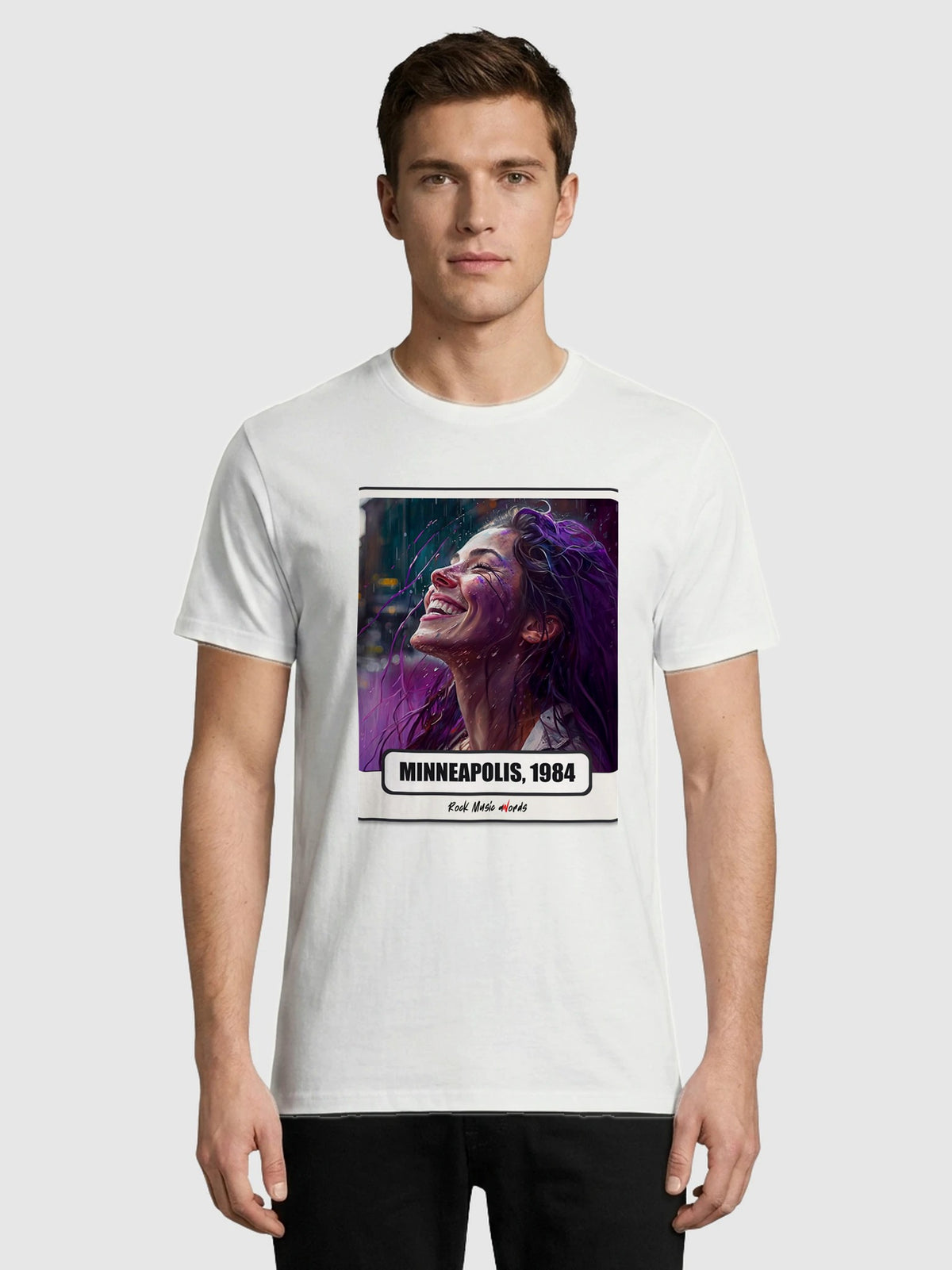 T-Shirt Premium con la stampa Rock Art «Purple Rain»: foto d'ambiente