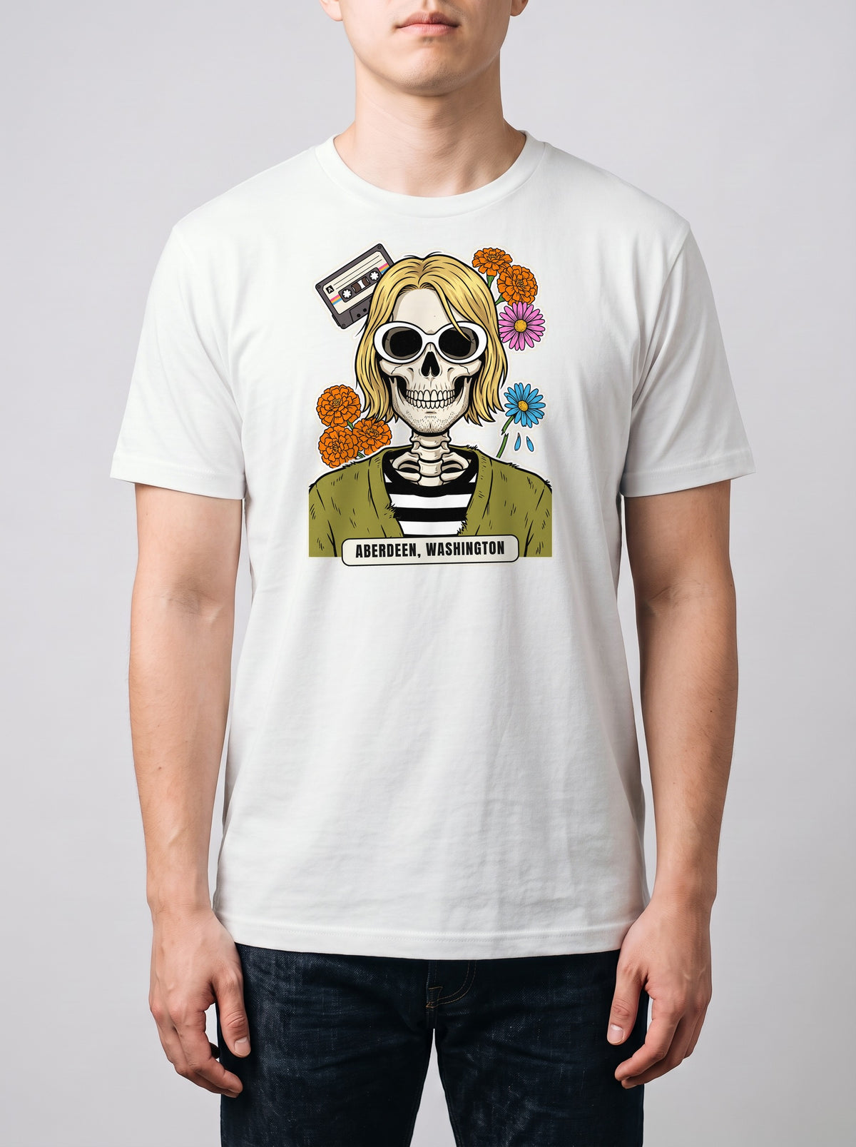Corporatura media, 180 cm per 78 kg, con la t-shirt Premium bianca Aberdeen in taglia L (ricostruzione al computer)