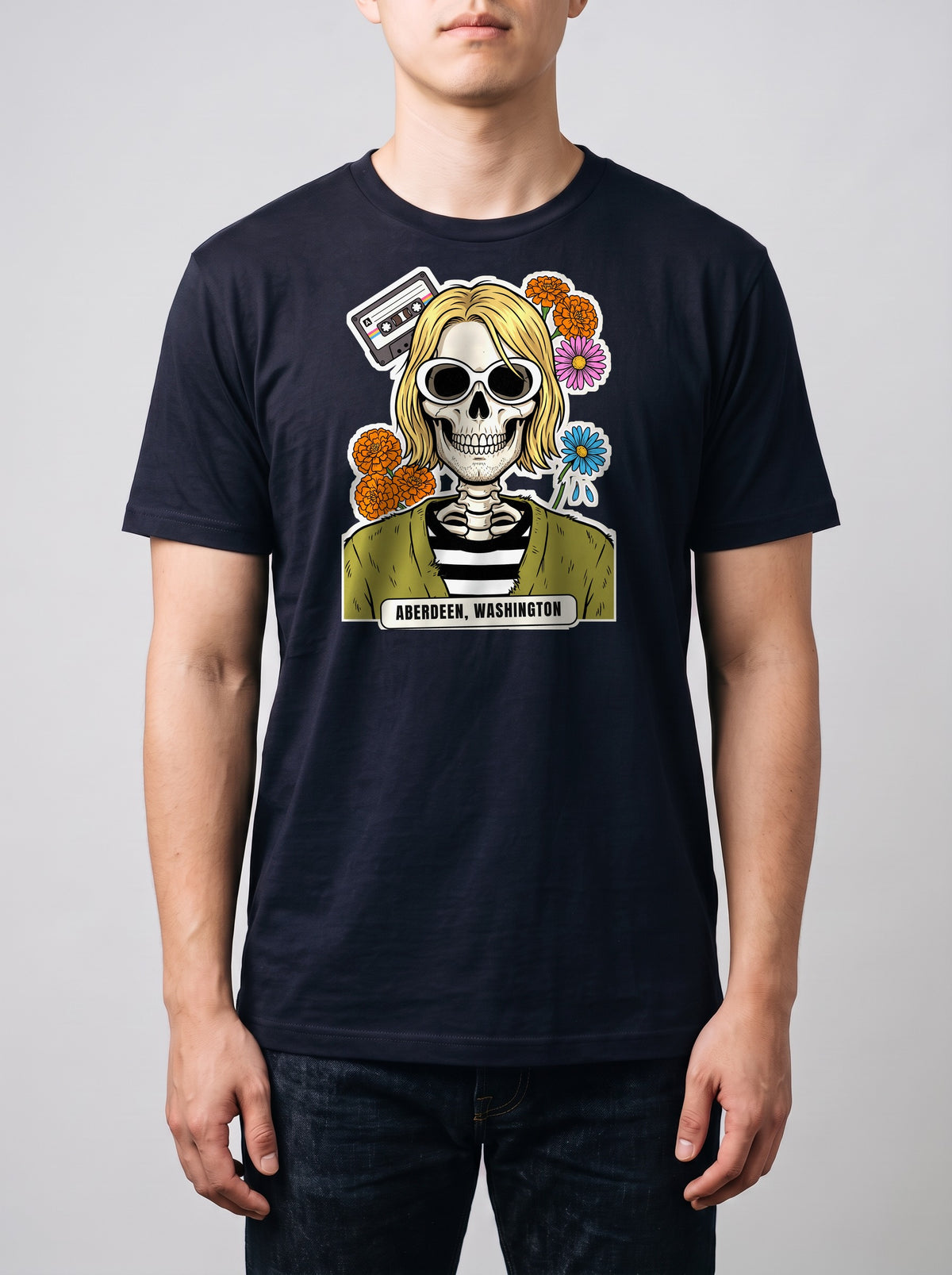 Corporatura media, 180 cm per 78 kg, con la t-shirt Premium blu navy Aberdeen in taglia L (ricostruzione al computer)