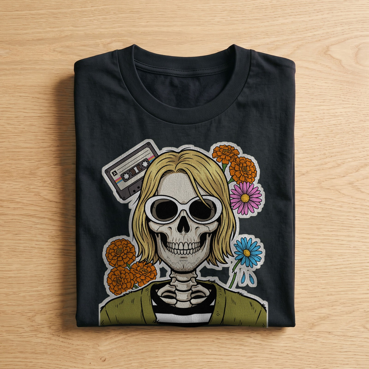 La t-shirt nera Aberdeen piegata su un piano di legno, come arriva a casa (ricostruzione al computer)