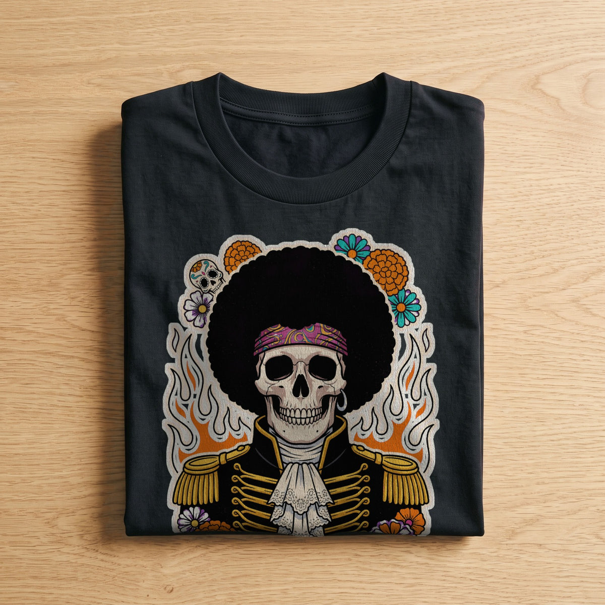 La t-shirt nera Left Hand Legend piegata su un piano di legno, come arriva a casa (ricostruzione al computer)
