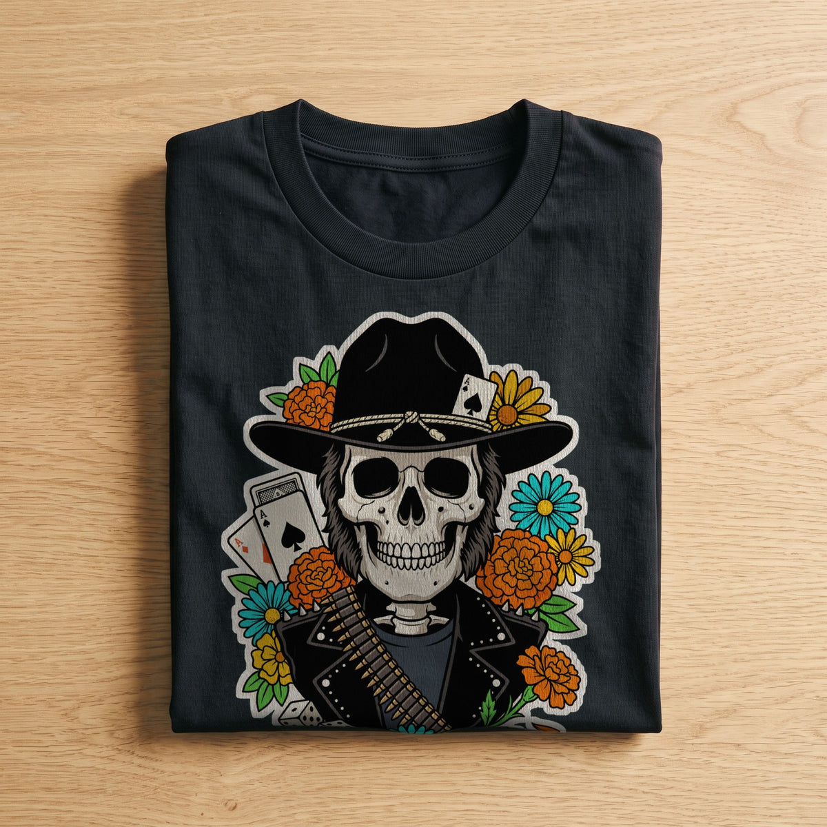 La t-shirt nera Ride Fast Play Loud piegata su un piano di legno, come arriva a casa (ricostruzione al computer)